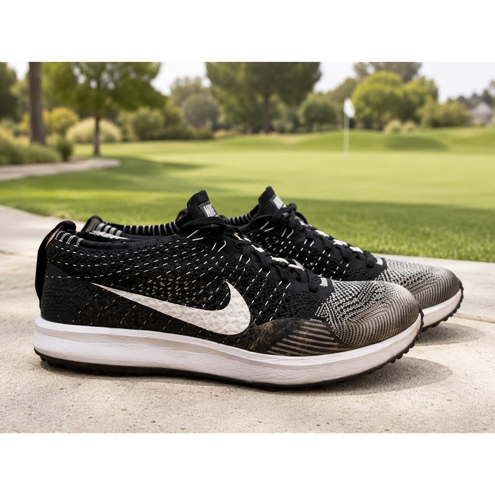 Nike Flyknit Racer G Golf Shoes 909769-001 Oreo Black White Women 8 Spikeless